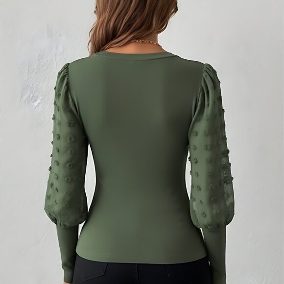 Green Swiss Dot Ribbed Gigot Sleeve V Neck Top - Picture 3 of 7